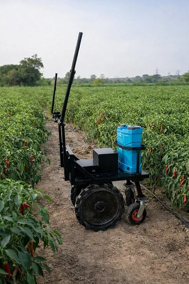 A compact electric Karagre farm robot standing between rows of chilli crop